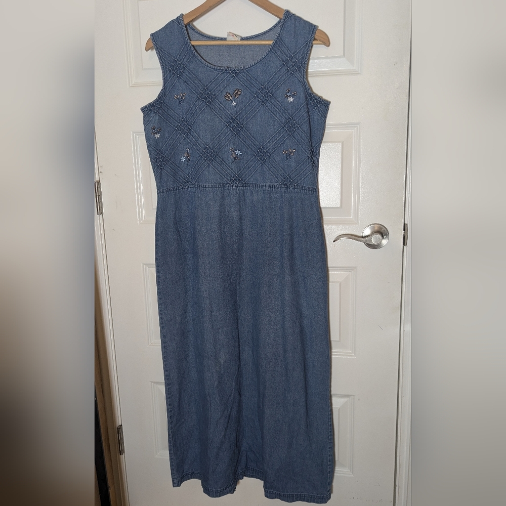 Denim Midi Dress with Embroidered Bodice